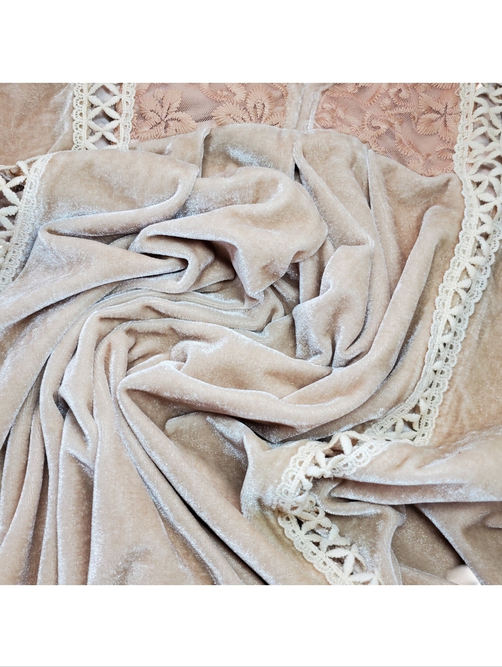 POL S Tunic Top Velvet Lace V-Neck 3/4 Bell Sleeve Beige Tan Mini Swing Dress - Picture 8 of 9